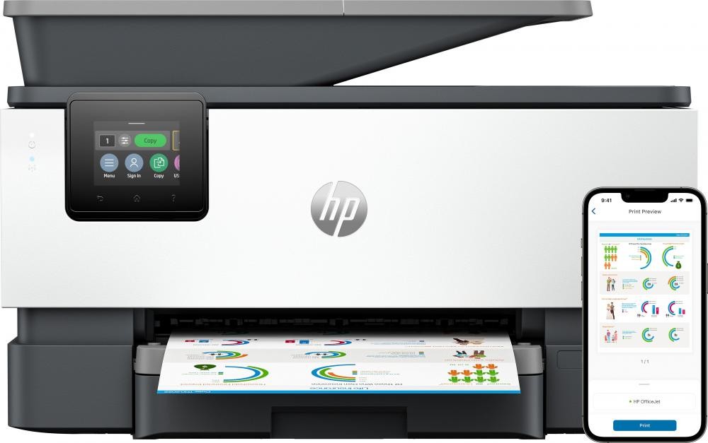 HP OfficeJet Pro Stampante multifunzione 9120b, Colore, Stampante per Abitazioni e piccoli uffici, Stampa, copia, scansione, fax, wireless; Stampa fronte/retro; scansione fronte/retro; Scansione verso e-mail; Scansione verso PDF; fax; porta unità flash US