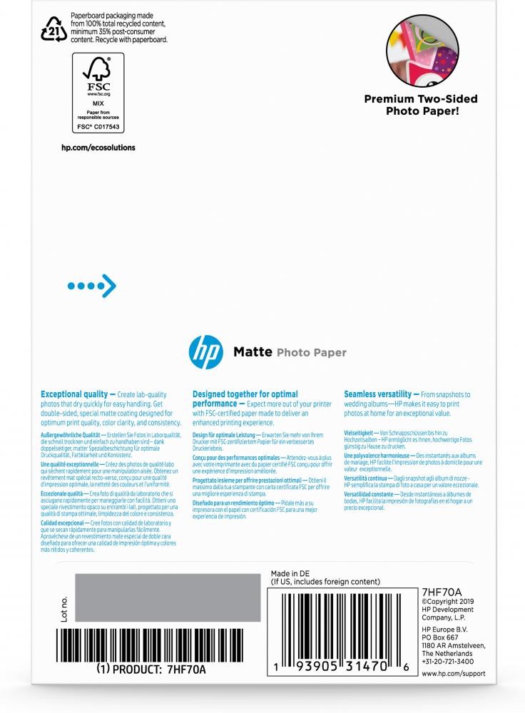 HP Carta fotografica opaca, 180 g/m2, 10 x 15 cm (101 x 152 mm), 25 fogli cod. 7HF70A