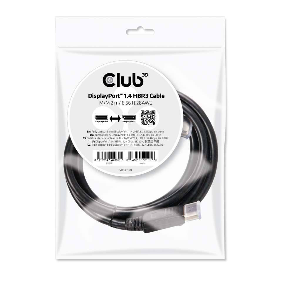 CLUB3D DisplayPort 1.4 HBR3 Cable 2m/6.56ft M/M 8K60Hz cod. CAC-2068