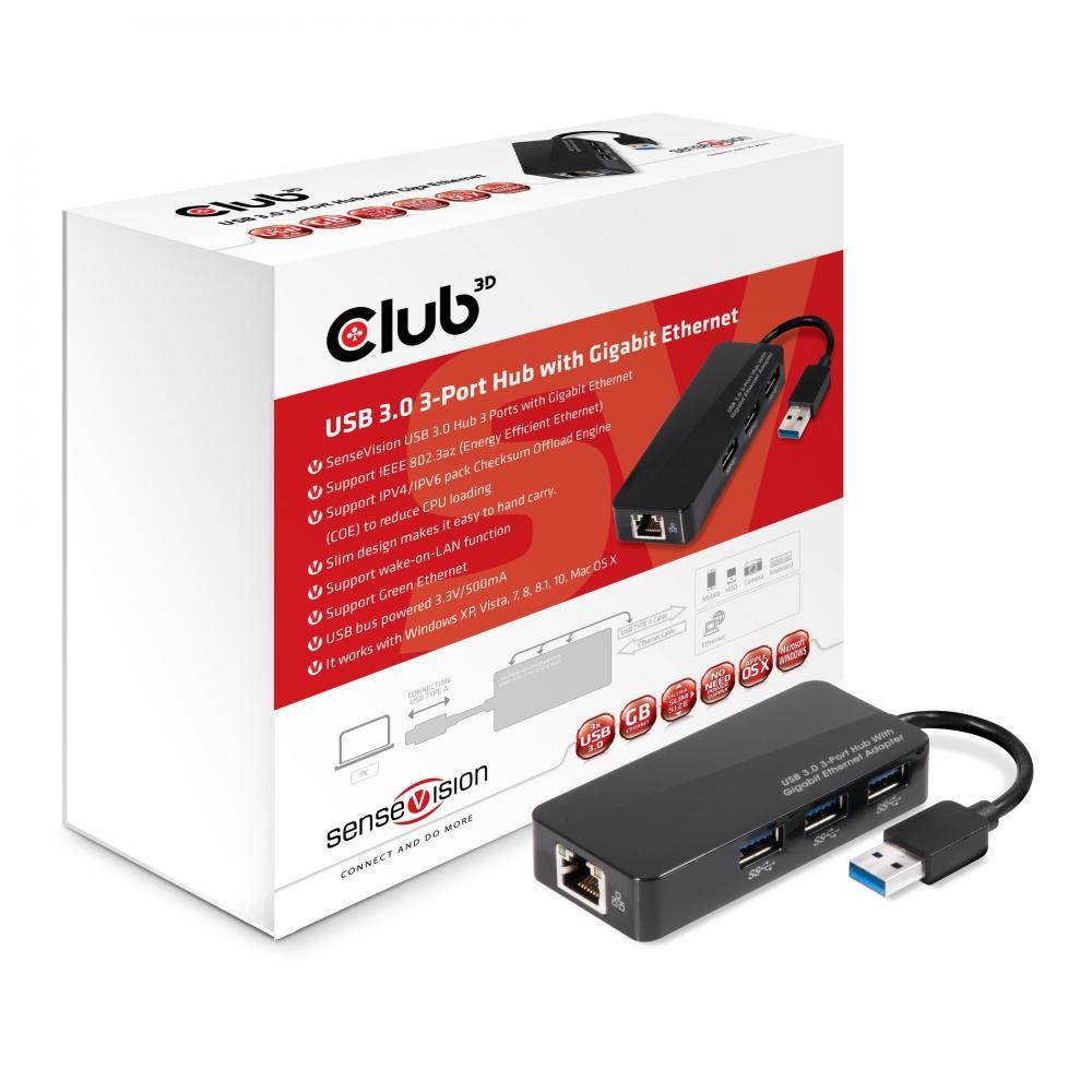 CLUB3D USB 3.0 Hub 3-Port with Gigabit Ethernet cod. CSV-1430