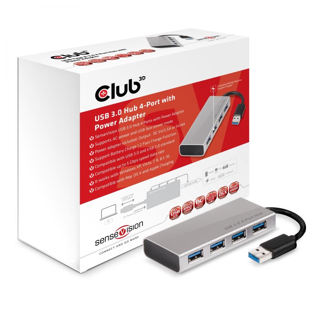 CLUB3D USB 3.0 Hub 4-Port with Power Adapter cod. CSV-1431