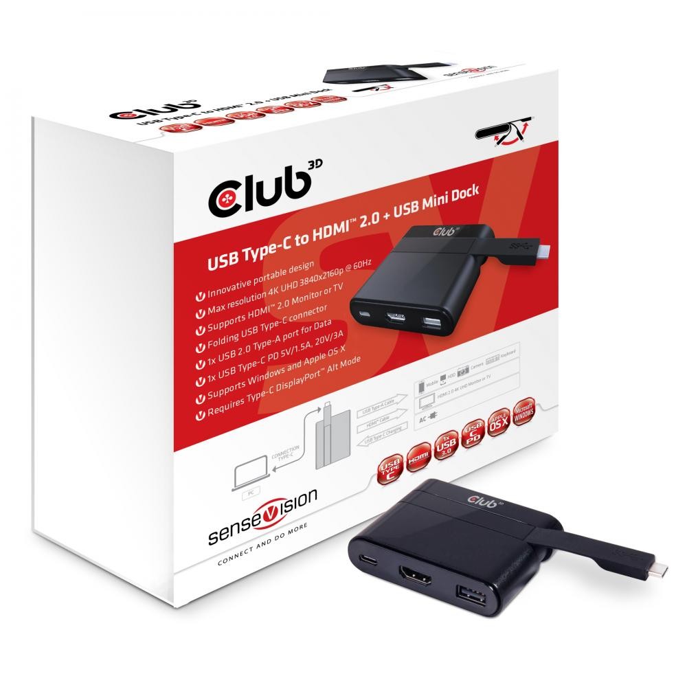 CLUB3D USB Type-C to HDMI™ 2.0 + USB 2.0 + USB Type-C Charging Mini Dock cod. CSV-1534