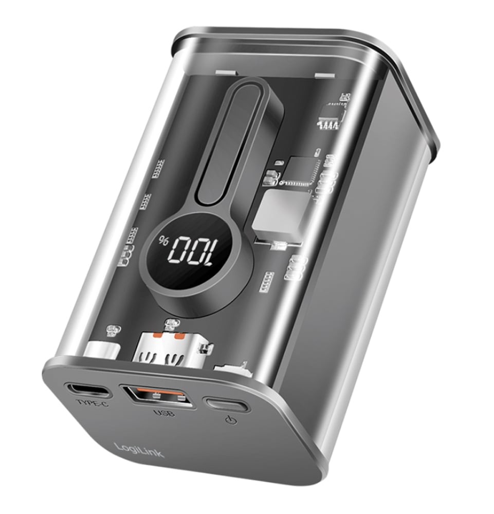 LogiLink Power Bank 10000 mAh 1x USB-A 1x USB-C&trade  con Display PD & QC Trasparente - I-CHARGE-10A20WTR