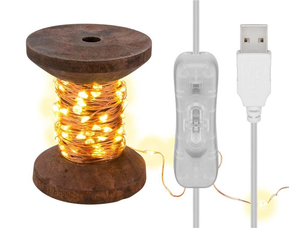 Goobay Bobina con Filo di Rame 100 Luci LED IP21 USB Interruttore On Off - I-LED-CHAIN100YARN